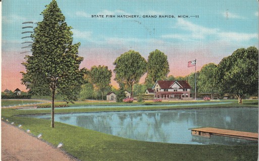 Vintage Used Postcard: 1943 State Fish Hatchery, Grand Rapids, MI