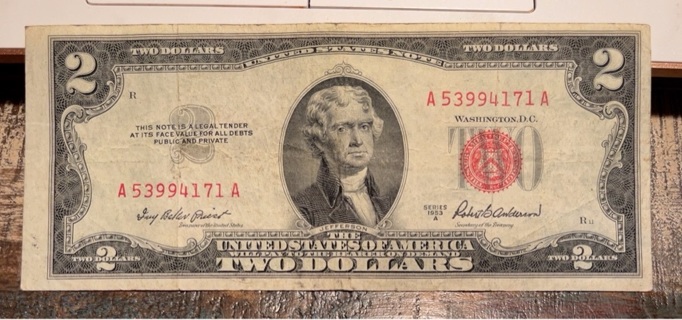 Vintage Series 1953 A Red Seal Two Dollar Bill