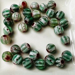 Green & Red Olive Glass Round Beads 