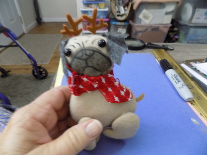 Fabric Pug Dog Ornament 5 1/2 in dressed as reindeer with scarf