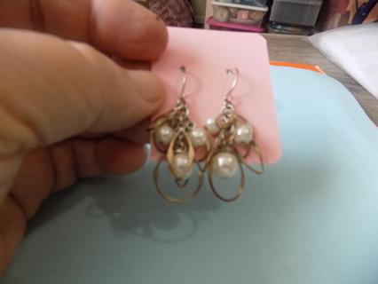 French Hook Earring dangle 3 large pearls and circles 