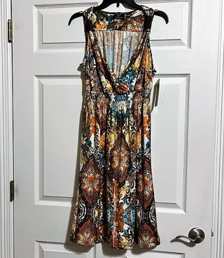 BNWT Women's Turquoise Brown Print Sleeveless Beaded Accent Knee Length Dress - M