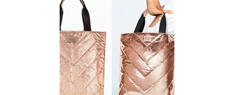 Victoria's Secret Tote Bag, Purse Rose Gold Metallic Quilted Handbag