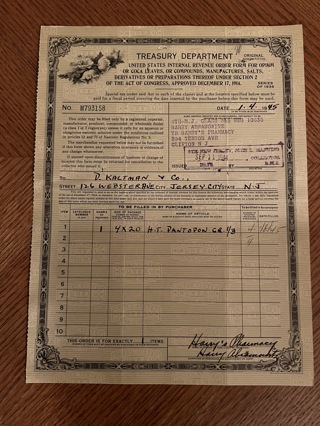 1945 Treasury Dept Order Form for Opium, Coca, etc. Issued for Pantopon 1/3 Gram Opium Alkaloids