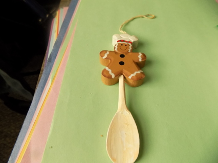 5 inch wooden gingerbread boy baker ornament with wood spoon, wears chef hat