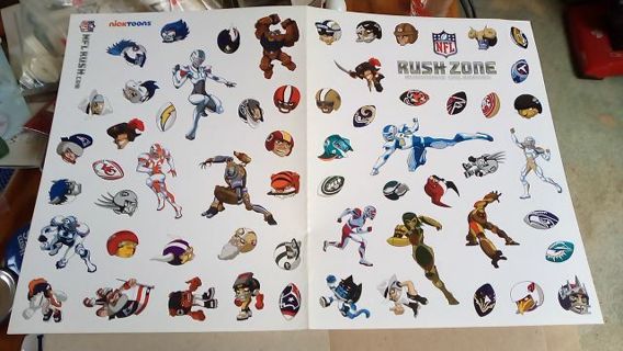 LARGE SHEET OF NFL RUSH ZONE..DECALS. TOTAL OF 55 DECALS