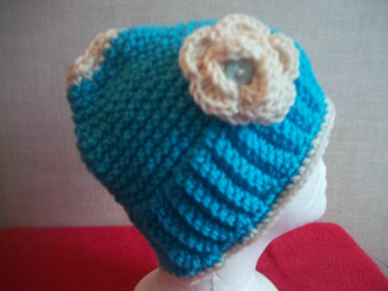 Crocheted Turquoise and White Messy Bun Hat