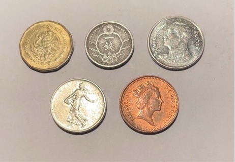 5 Different Penny Sized Foreign Coins 