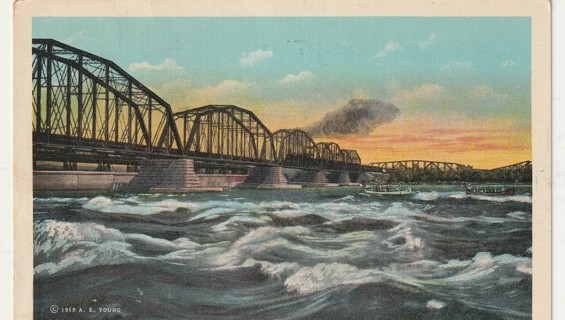 Vintage Used Postcard: L: 1950 Sault Rapids & International Bridge, Soo, MI