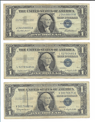 Set of 3 Series 1957-A-B $1 Silver Certificates