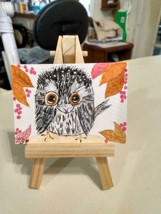  ACEO Original, Watercolor Painting 2-1/2"X 3/1/2" Tawny Baby Owl by Artist Marykay Bond