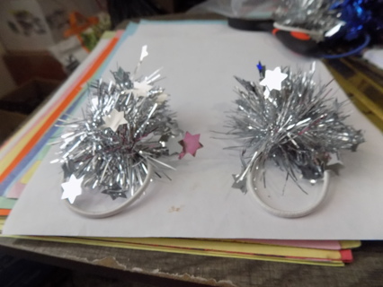 Set of 2 silver stars and sparkles metallic pony tail holders # 1