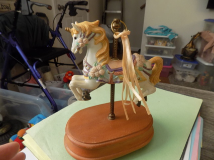 Musical Porcelain Unicorn Carousel horse on wooden base