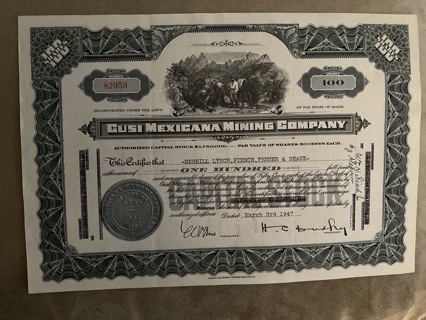 Cusi Mexicana Mining stock certificate 1947 Scene of miners working for gold