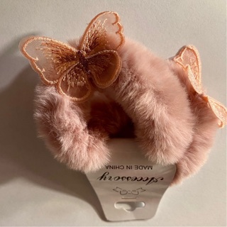 2 FAUX FUR PINK BUTTERFLY SCRUNCHIES. NEW. SO CUTE!