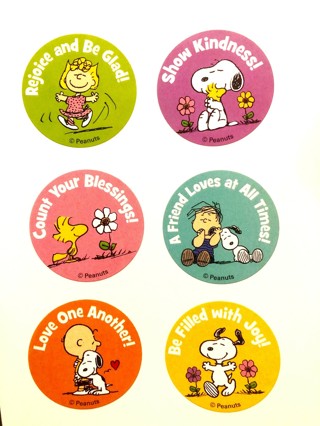 set of 6 1.5" Round SNOOPY Peanuts Friend (Kind Phrases) Stickers, Great for any use