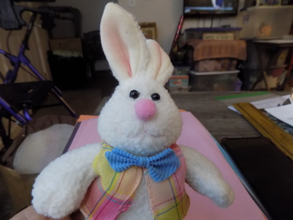 7 inch tall white bunny plush in plaid shirt, blue bow
