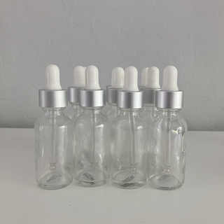 Lot of 10 1oz Clear Glass Bottles with Screw On White & Silvertone Dropper
