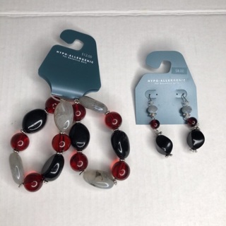 Beaded Bracelet & earrings set red black gray new