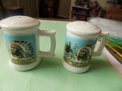 Ceramic Oklahoma mug shaped Salt & pepper set Native American, buffalo,2 1/2 tall 