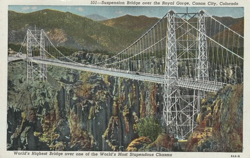 Vintage Used Postcard: e: 1944 Suspension Bridge over Royal Gorge, Canon City, CO