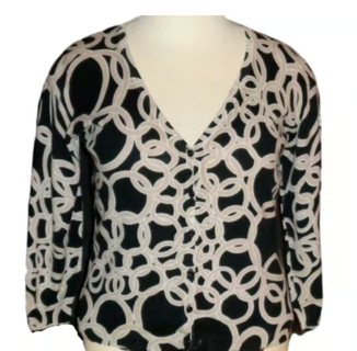 New Black Beige Chain Circle Print Button Cardigan Sweater Sz L VNeck 3/4 Sleeve
