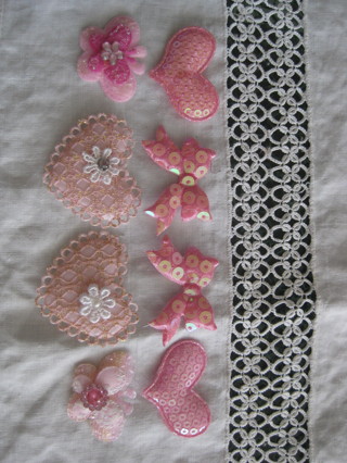 Pink patches/embellishments, hearts butterflies and bows, 8 pcs. sewing, cloths decor, other crafts