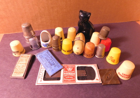 vintage Sewing items Needles Cat tape measure Thimbles of Sanitarium Bread Zeneth blue flower ++