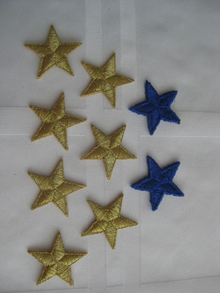 7 Gold & 2 blue embroidered iron on star patches, cloths decor, new out of package