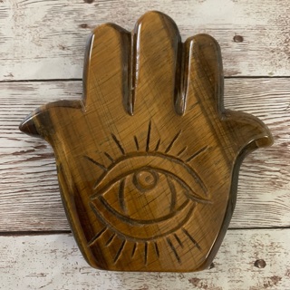 Tiger Eye Hamsa Hand Carving With Eye 3.5”