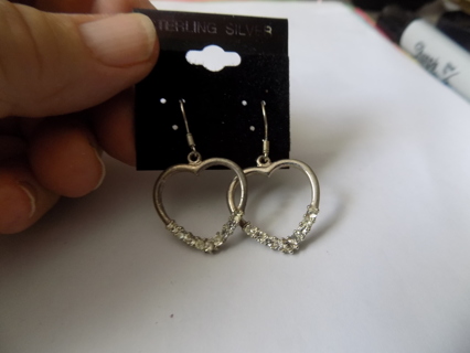 French Hook silvertone heart shape earrings with rhinestones at bottom