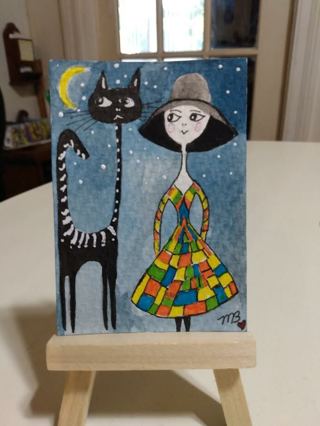 ACEO Original, Watercolor Painting 2-1/2"X 3/1/2" Lady & Her Cat by Artist Marykay Bond