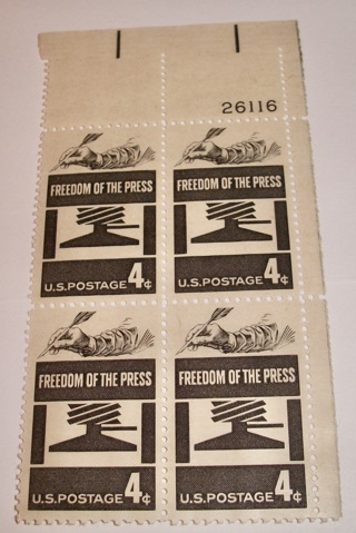 Scott #1119, Freedom of the Press, Pane of 4 Useable 4¢ US Postage Stamps