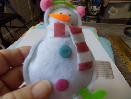 4 1/2 inch tall felt snowman with pink earmuffs ornament red, white scarf, 