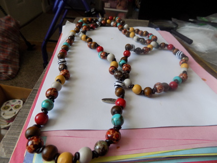 Extra long wood and glass beads vintage Plunder necklace assorted colors, & zebra stripoed
