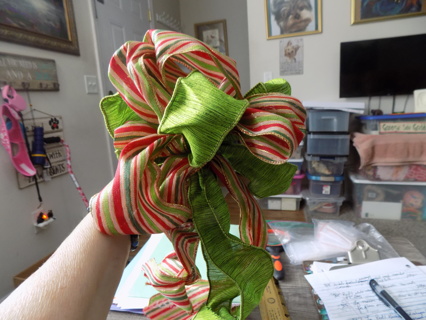 Large red & green & gold stripe material & lime green bow great for wreaths