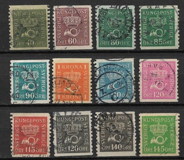 1920-34 Sweden Crown & Post Horn set of 12 used