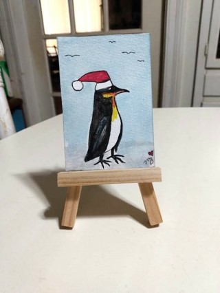 Original, Watercolor Painting 2-1/2"X 3/1/2" Penguin by Artist Marykay Bond