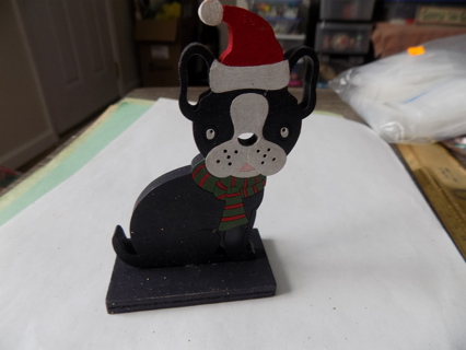 4 inch tall wood cut out black and white Boston Terrior dog in Santa hat, and scarf