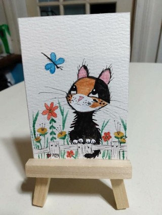 ACEO Original, Watercolor Painting 2-1/2"X 3/1/2" Kitten in the Garden by Artist Marykay Bond