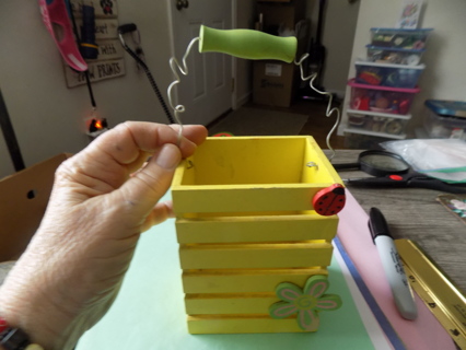 Yellow wooden crate shape box has 3D ladybug and green and pink flower 5 x 3 