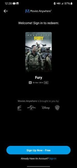 Fury Digital HD movie code MA/VUDU/iTunes