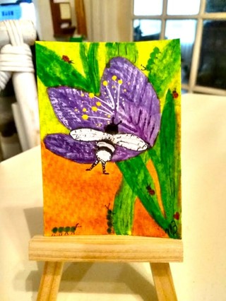Original, Watercolor & Acrylic Painting 2-1/2"X 3/1/2" Bee & Flower by Artist Marykay Bond