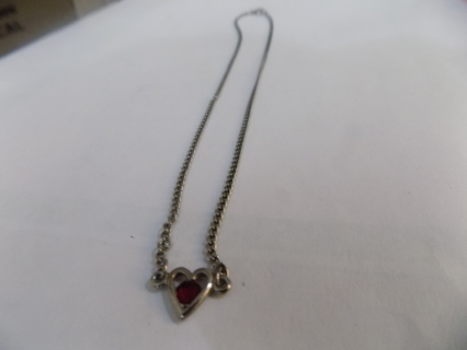 Fine Silvertone thin charm childs necklace with heart red faceted stone