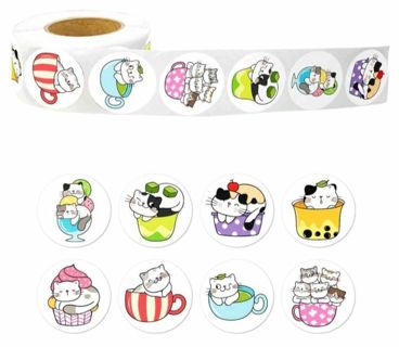 ↗️⭕NEW⭕(8) 1" ADORABLE KITTY IN A CUP STICKERS!! (SET 3 of 3)⭕ CAT