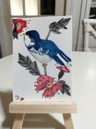 ACEO Original, Watercolor Painting 2-1/2"X 3/1/2" Chubby Blue Bird by Artist Marykay Bond