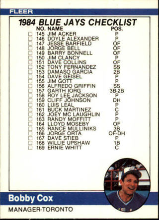 1984 Fleer Baseball #653 CL: Blue Jays Cubs Bobby Cox MG