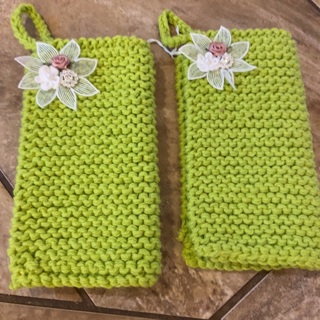 Two Hand Knit Cotton Potholders .