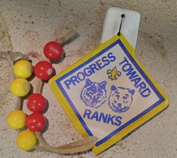 Progress toward ranks Cub scout Wolf to Bear ranks with yellow and red beads of some wear