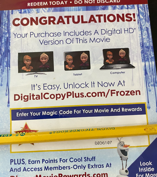 Frozen Digital HD Movie Code 
